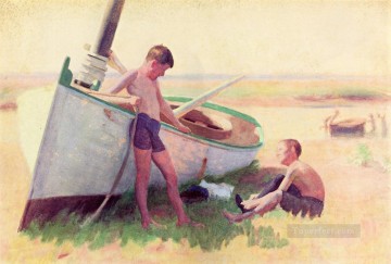  Arco Pintura al %C3%B3leo - Dos niños en un barco cerca de Cape May naturalista Thomas Pollock Anshutz